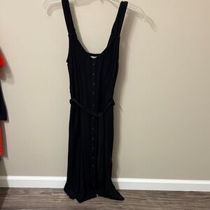 Black Button-Front Sleeveless Midi Dress with Waist Tie